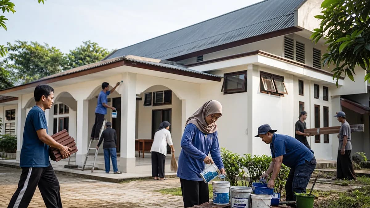 Relawan bergotong royong merawat dan memperbaiki rumah ibadah