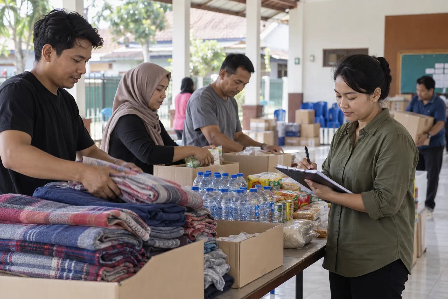 Ilustrasi relawan memilah selimut dan kebutuhan dasar untuk bantuan pascakebakaran