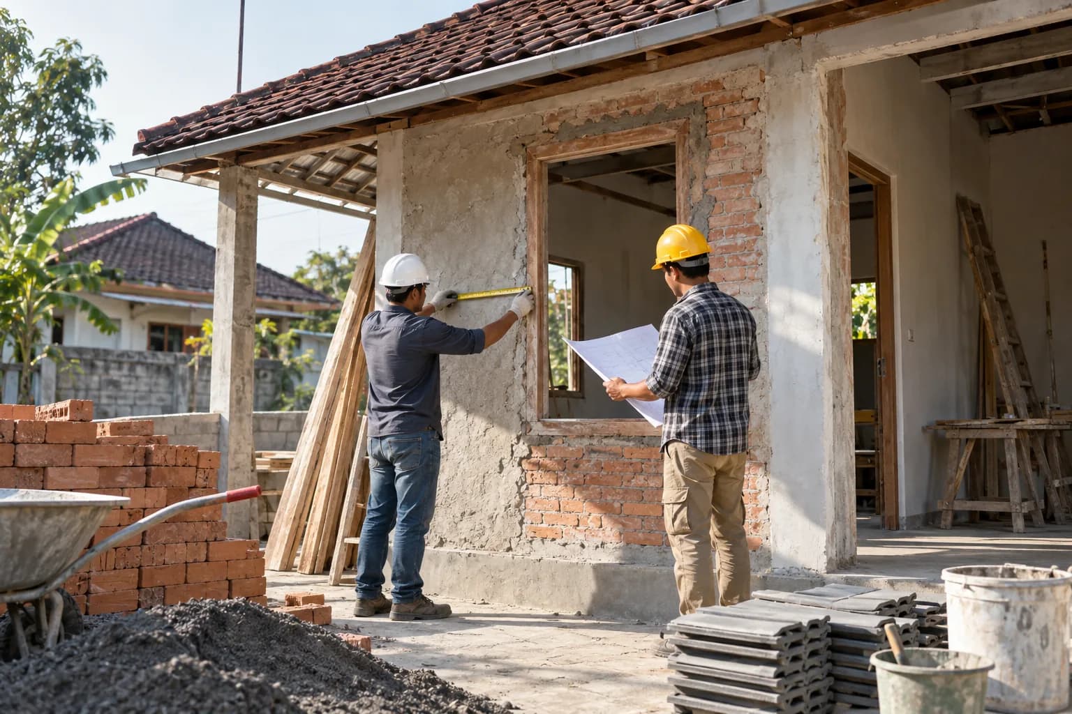 Ilustrasi dua pekerja mengukur dinding rumah saat merencanakan renovasi