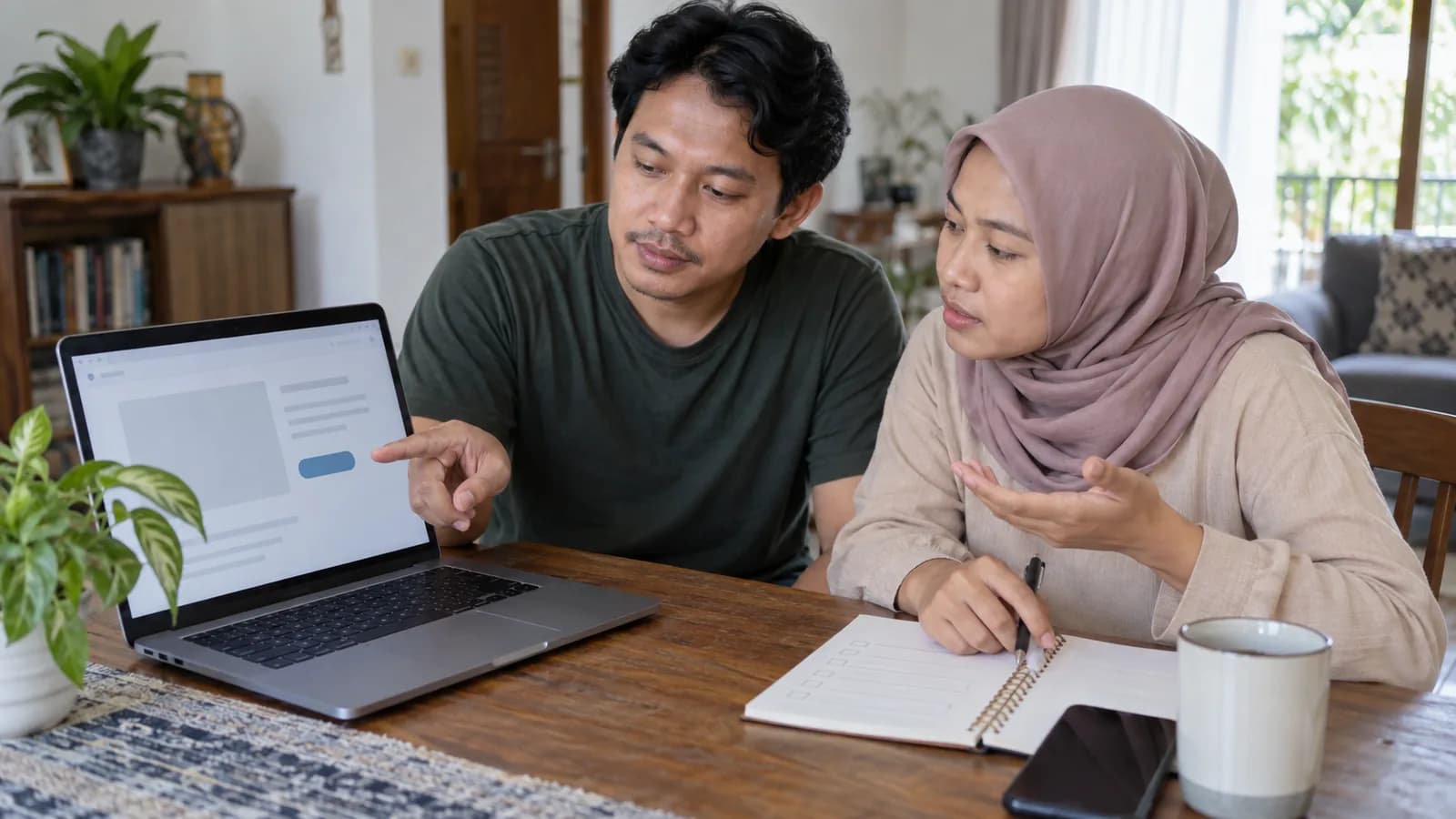 Ilustrasi rekaan dua calon donatur meninjau rincian Kotak Dana di laptop dan daftar periksa