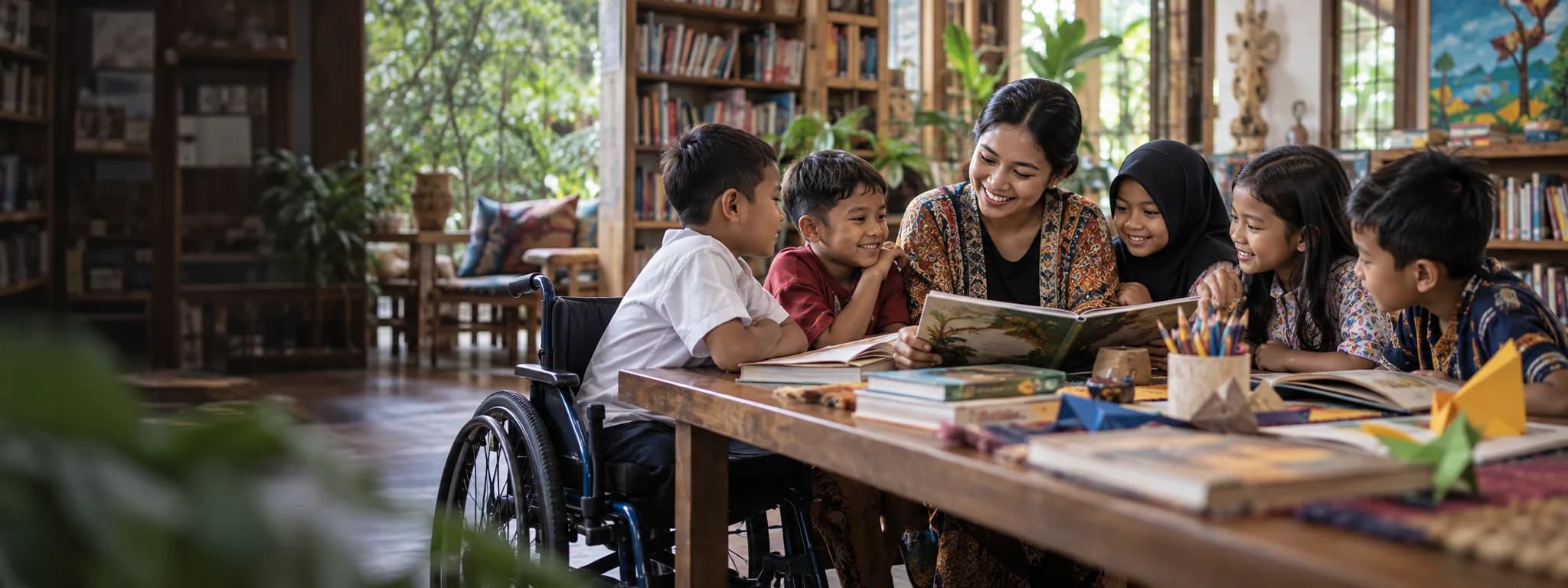 Ilustrasi anak-anak belajar bersama di ruang baca yang inklusif