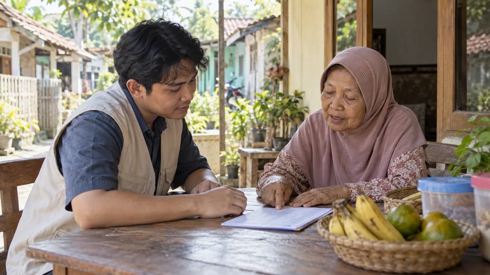 Ilustrasi rekaan relawan dan warga lanjut usia meninjau daftar kebutuhan pangan di meja rumah
