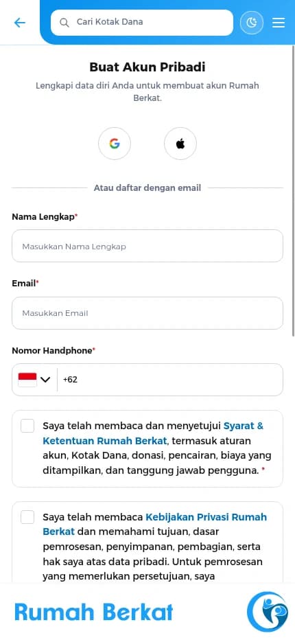 Anda dapat mendaftar melalui Google atau Apple. Untuk mendaftar dengan email, isi nama lengkap sesuai identitas, email aktif, dan nomor ponsel aktif - Petunjuk Rumah Berkat: Daftar Akun: Bagaimana cara daftar akun individu?