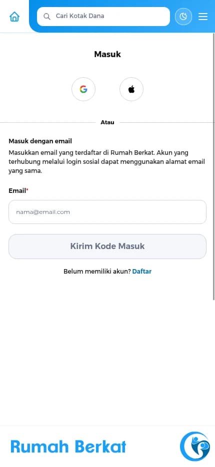 Buka halaman Masuk . Pilih ikon Google atau Apple yang ditampilkan di bagian atas formulir - Petunjuk Rumah Berkat: Masuk Akun: Bagaimana cara masuk akun menggunakan Google atau Apple?