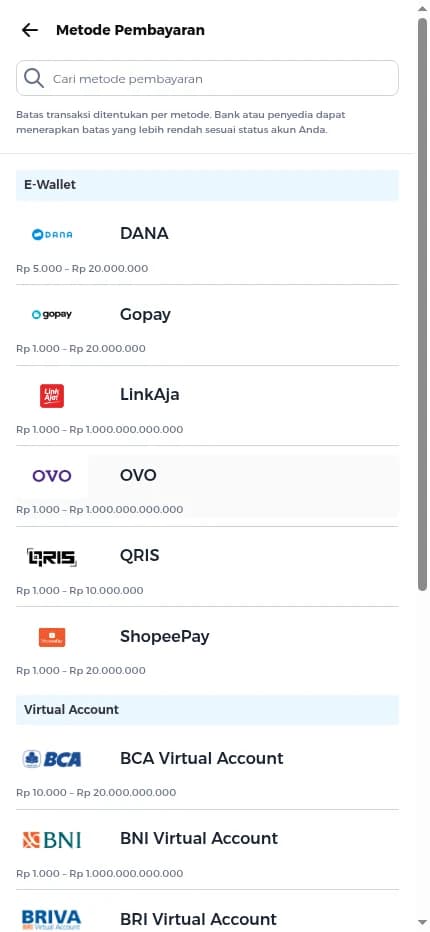 Pilih Metode Pembayaran → Transfer Bank , lalu pilih bank yang aktif. Batas minimum dan maksimum ditampilkan untuk setiap metode - Petunjuk Rumah Berkat: Donasi dengan Akun: Bagaimana cara berdonasi melalui transfer bank?