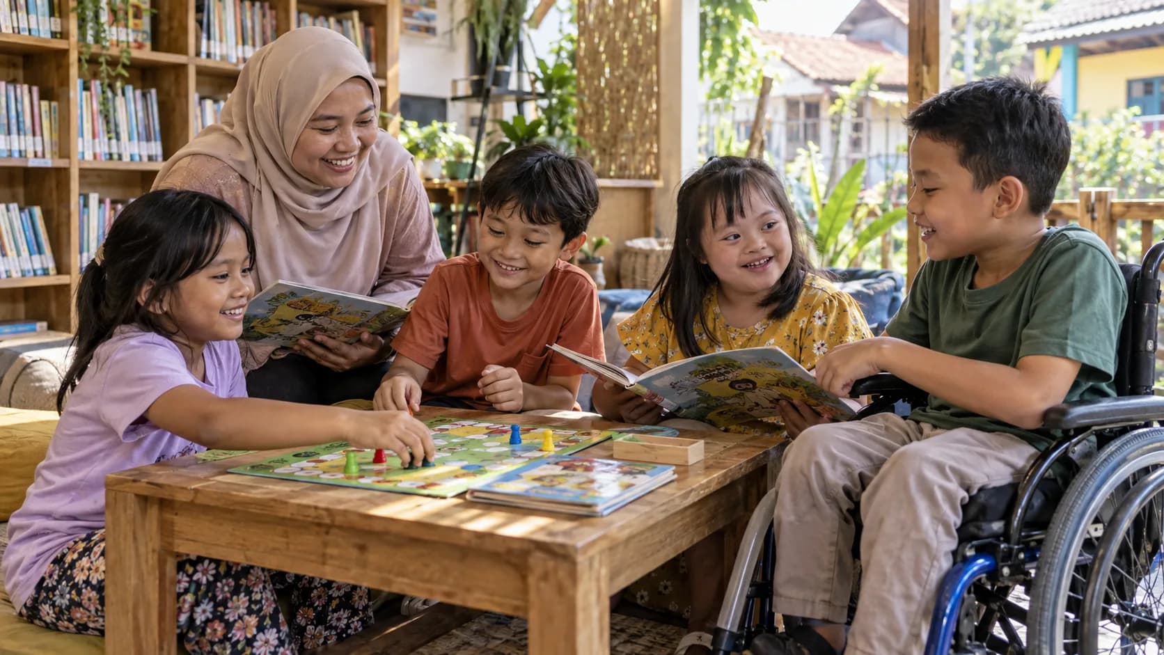 Ilustrasi editorial anak-anak bermain dan membaca bersama di ruang komunitas yang inklusif