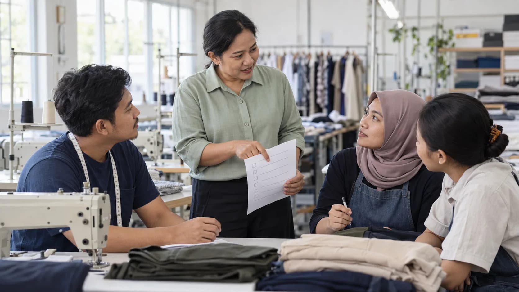 Ilustrasi pekerja dan pimpinan tim berdiskusi tentang kondisi kerja di ruang produksi pakaian