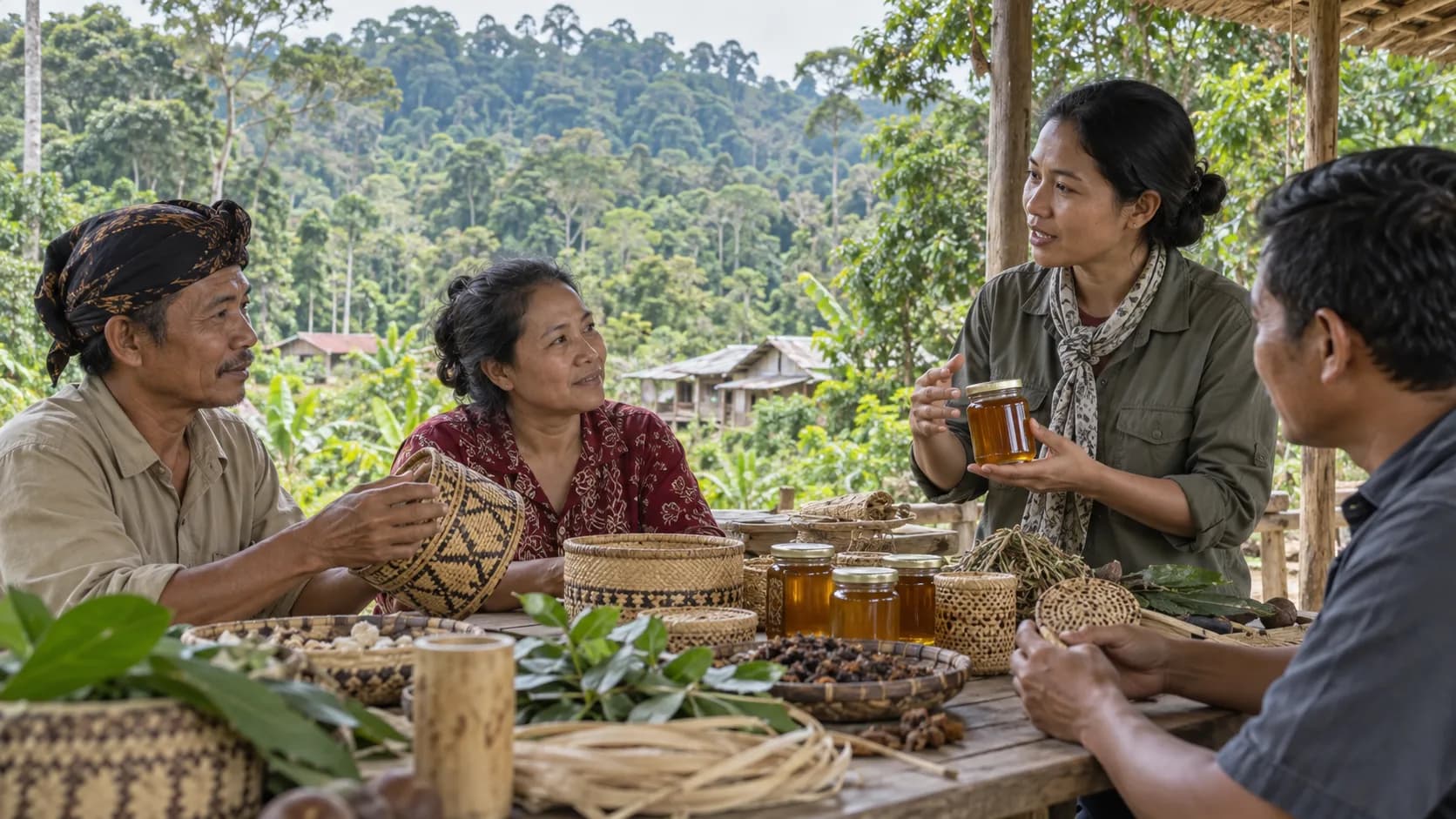 Ilustrasi warga tepi hutan mendiskusikan hasil hutan bukan kayu dan kerajinan