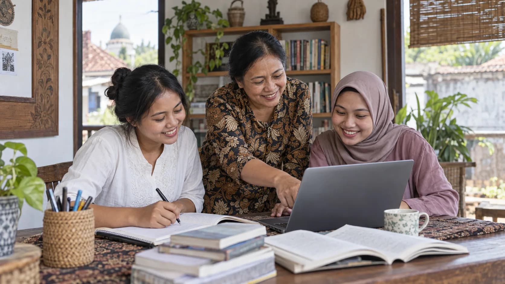 Ilustrasi editorial tiga perempuan dewasa belajar bersama di ruang komunitas