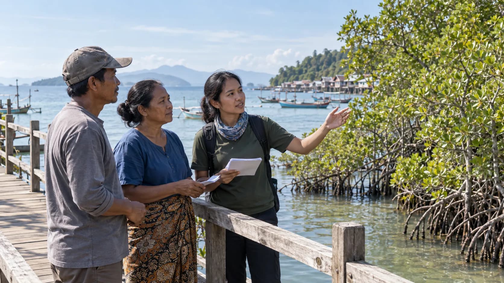 Ilustrasi tiga warga pesisir berdiskusi di dekat hutan mangrove dan perahu nelayan