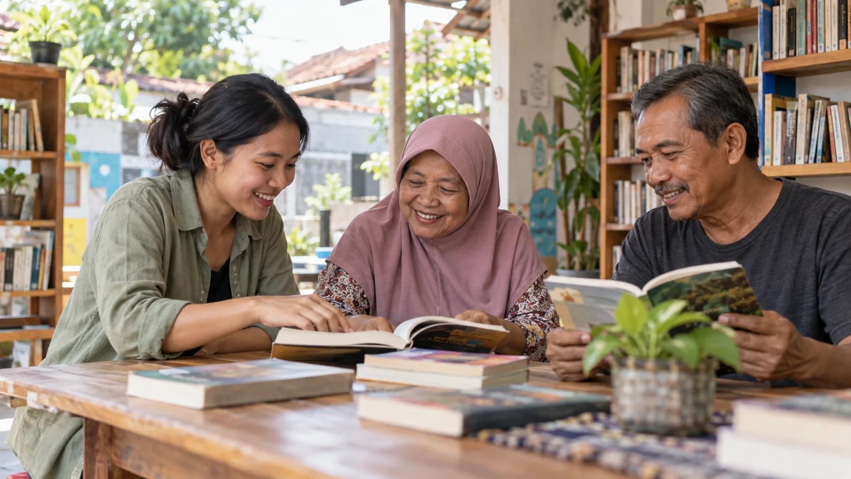 Ilustrasi tiga warga membaca bersama di ruang baca komunitas