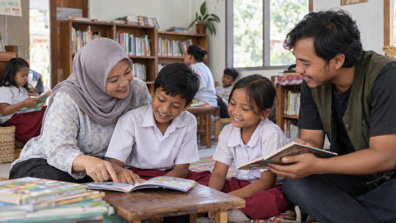 Ilustrasi editorial guru dan relawan mendampingi dua anak membaca di ruang belajar komunitas