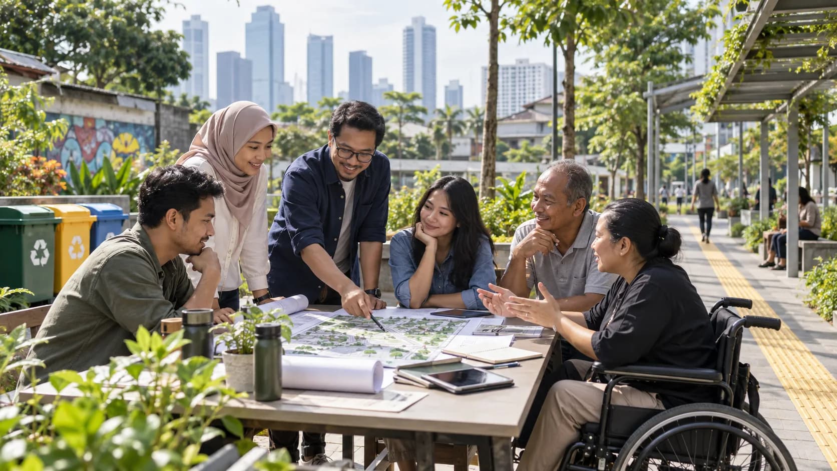 Ilustrasi warga Jakarta berdiskusi tentang ruang publik yang mudah diakses dan bersih