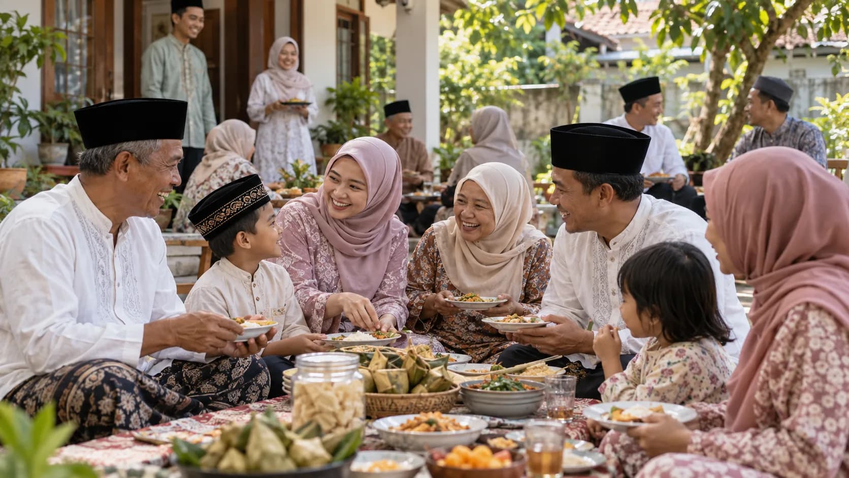 Ilustrasi keluarga dan tetangga merayakan Idulfitri dengan makan bersama