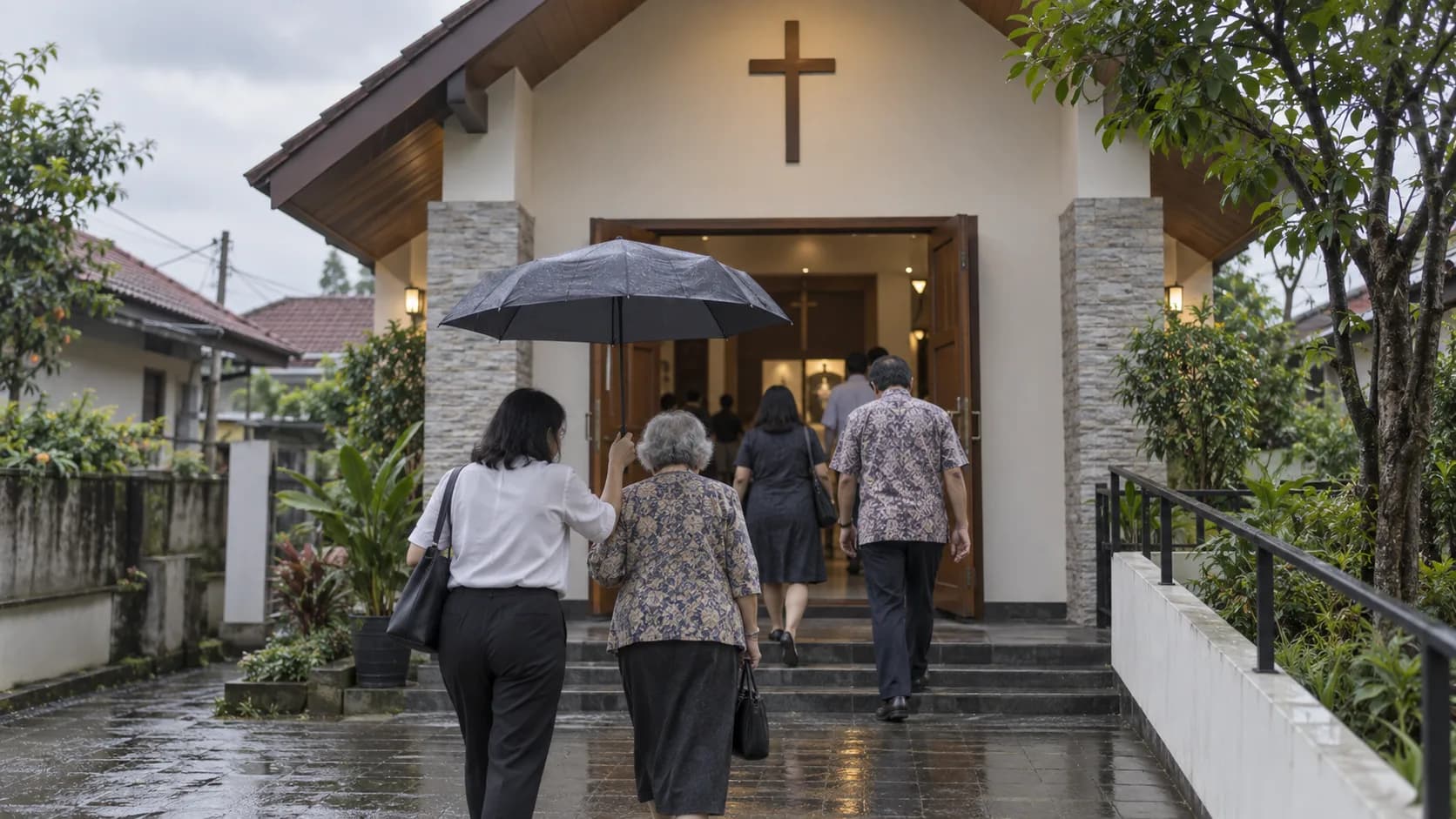 Ilustrasi jemaat memasuki gereja dengan tenang pada Jumat Agung