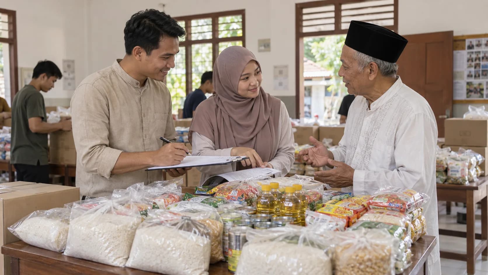 Ilustrasi relawan meninjau kebutuhan dan catatan bantuan pangan bersama warga