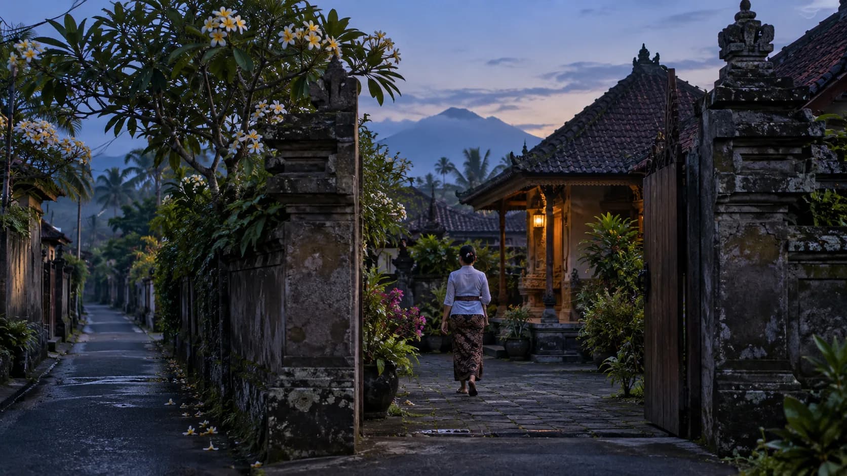 Ilustrasi suasana hening di halaman rumah Bali saat Nyepi