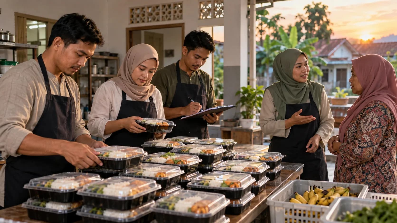 Ilustrasi panitia menyiapkan makanan berbuka puasa berdasarkan kebutuhan warga