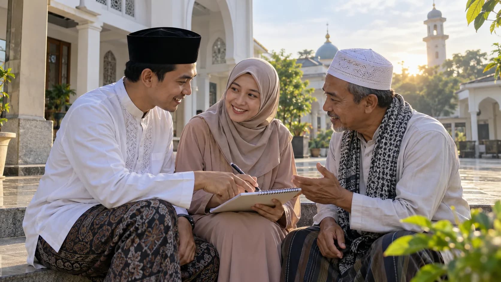Ilustrasi warga berdiskusi hangat tentang kegiatan sosial di halaman masjid