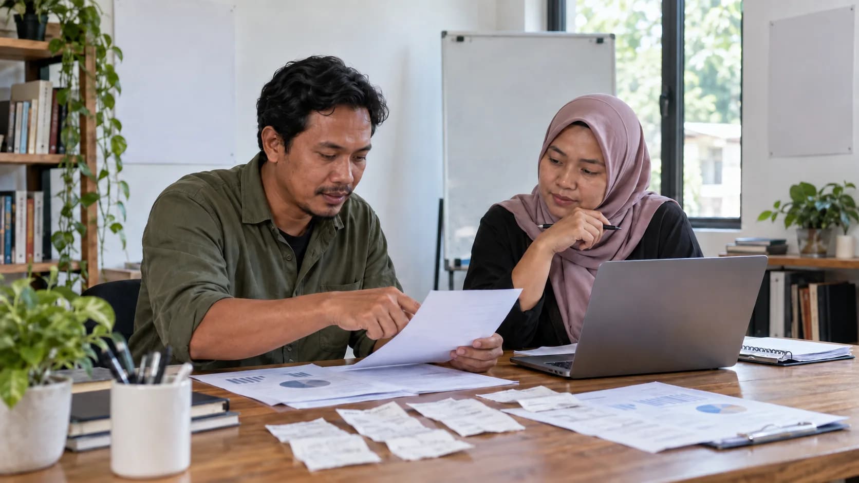 Ilustrasi dua pengelola meninjau ringkasan penggunaan dana dan kuitansi bersama