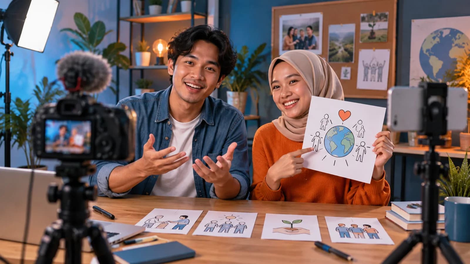 Ilustrasi kreator menyiapkan konten galang dana di media sosial