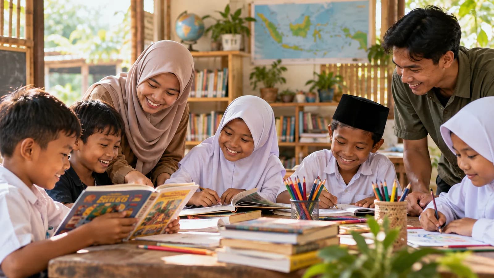 Ilustrasi anak dan pendamping belajar bersama di ruang komunitas