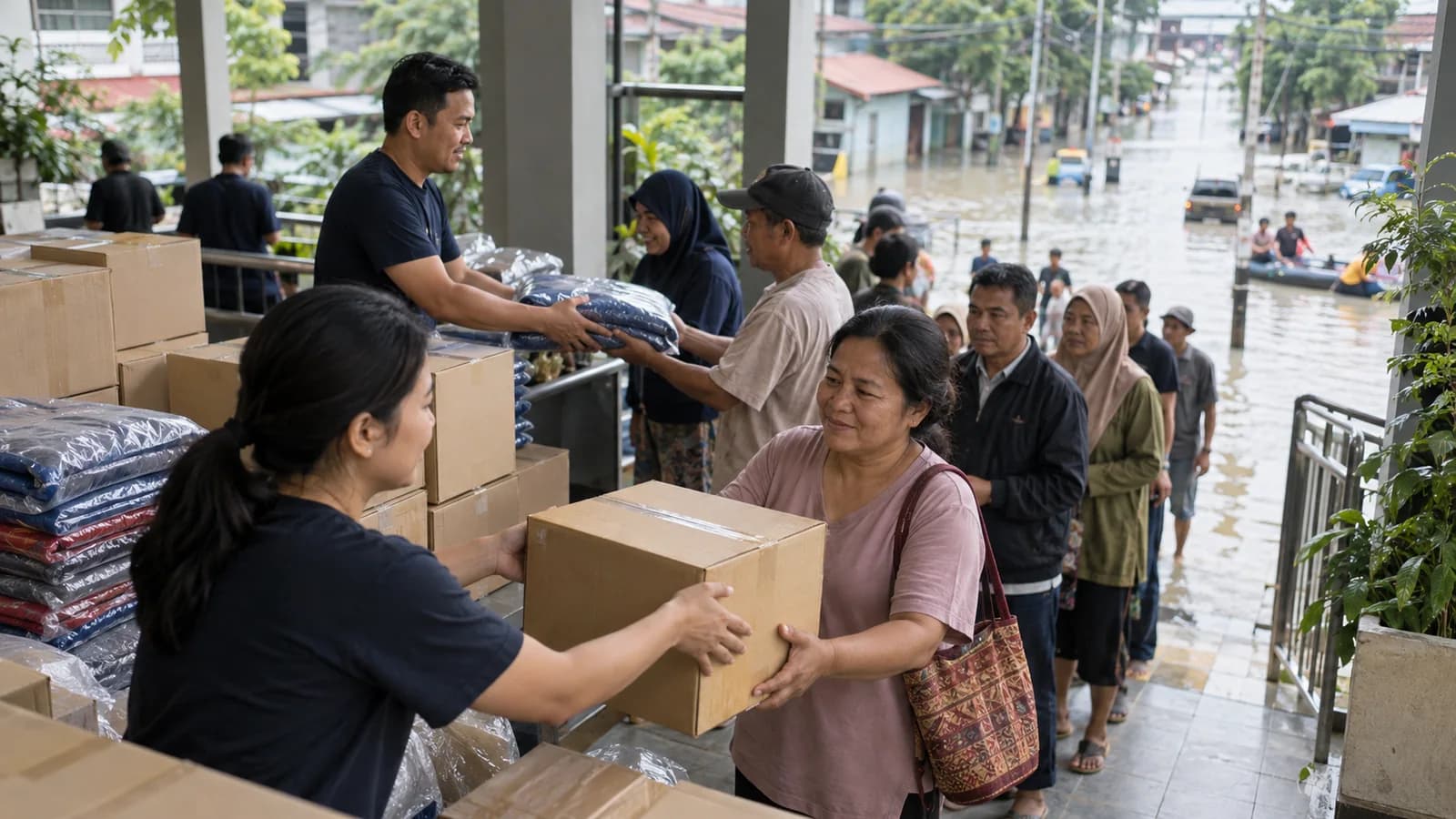 Ilustrasi relawan menyalurkan perlengkapan bantuan banjir