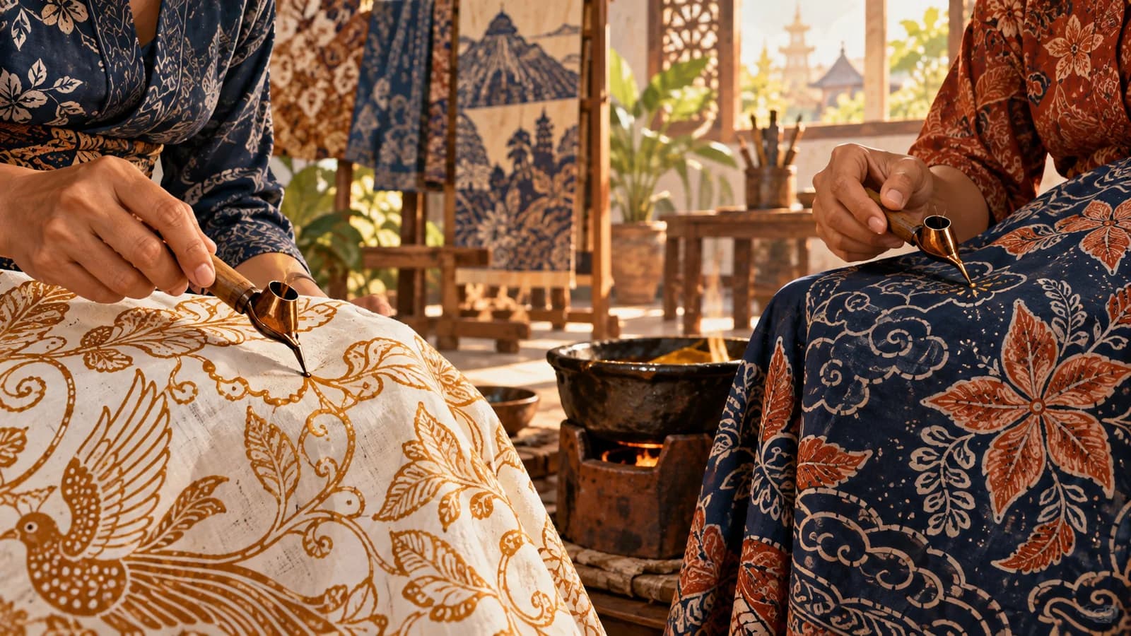 Ilustrasi perajin membuat motif batik dengan canting