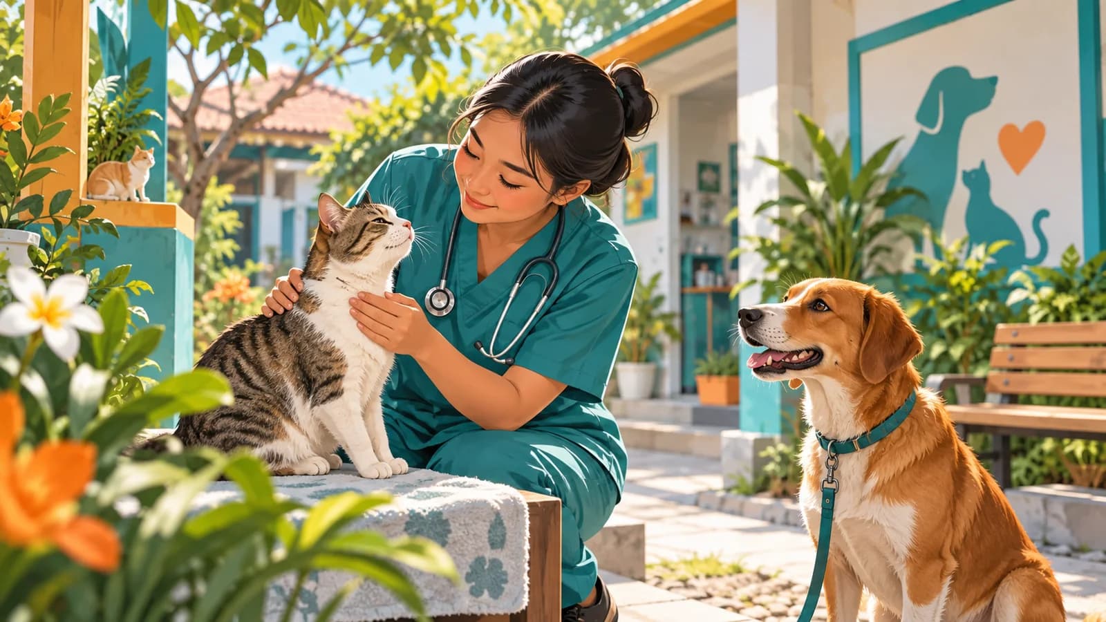 Ilustrasi perawat hewan memeriksa kucing bersama anjing